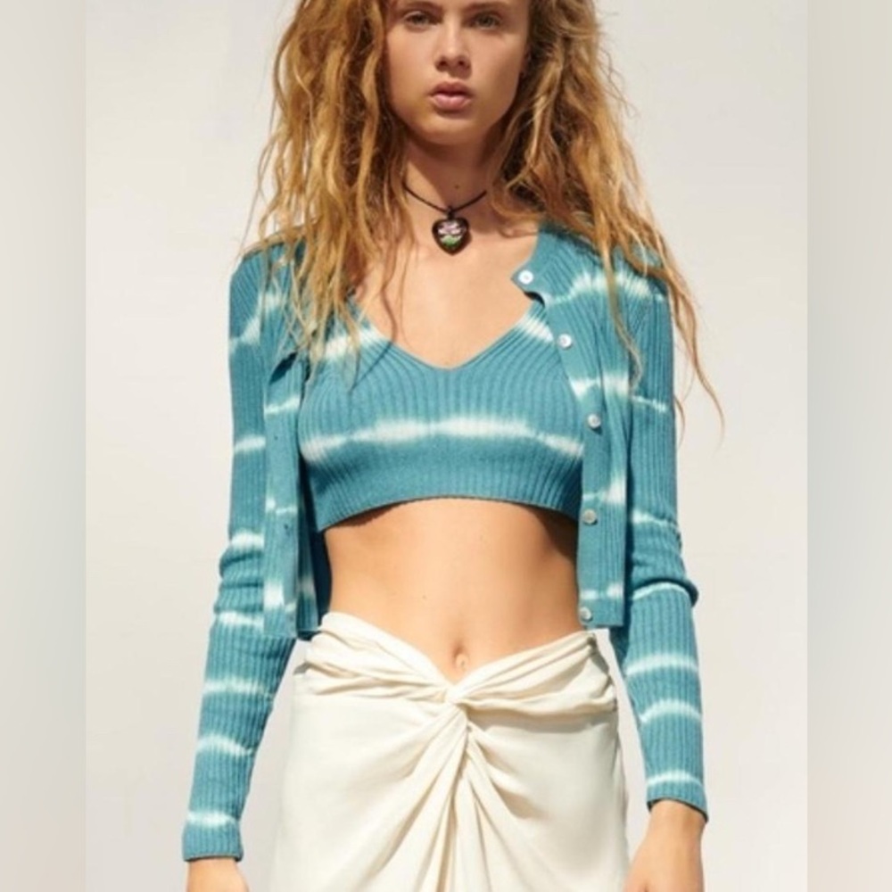 Zara Tie Dye Greenish Blue Ribbed Crop Tank, size medium
